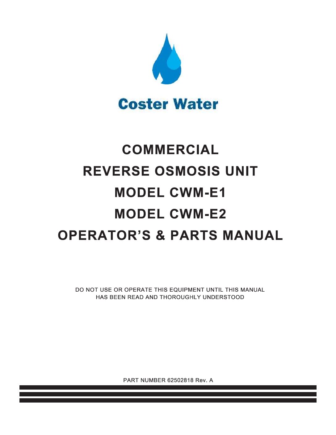 Commercial Wall Mount RO System- Operator's & Parts Manual